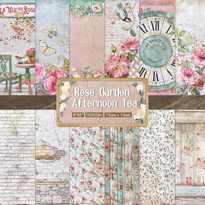 6x6” 160gsm cardstock Single Sided Scrapbooking 24 Papers Pad vintage decoupage scrapbook kit patterned paper junk journal supplies journaling supply scrap paper crafting Rose Garden