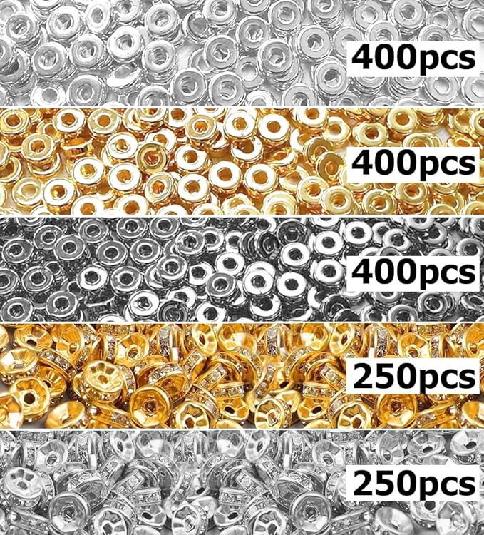 6mm Flat Round Spacer Beads, Clay Beads for Bracelets Making Kit, Heishi Polymer Flat Disc Spacer Beads for Jewelry Making, Clay Beads for Jewelry Making Gold Beads Silver (1700pcs(500Rhinestone))