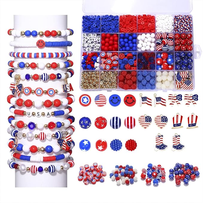 HSWE 1461Pcs 4th of July Patriotic Beads for Jewelry Making Independence Day Red White Blue Heishi Stars USA Letter Beads with America Flag Heart Hat Pendant Accessories for DIY Bracelets Making Kit