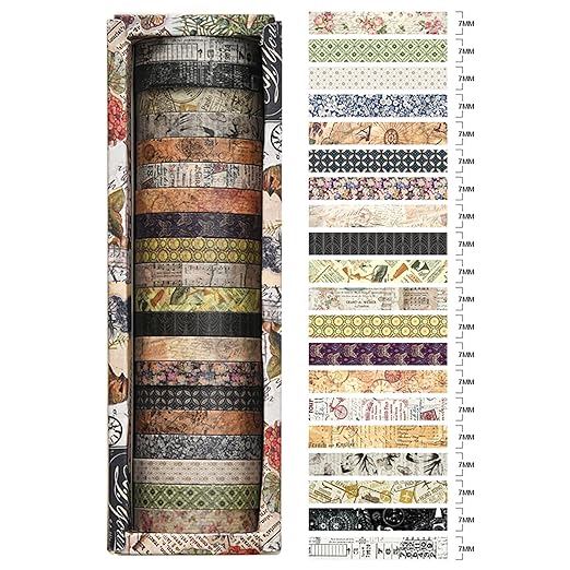20 Rolls Skinny Vintage Washi Tape Set Retro Arts Adhesive Tapes Basic Patterns Decorative Masking Tape Sets for Craft, Kids, Scrapbook, DIY, Gift Wrapping (Remaining Joy)