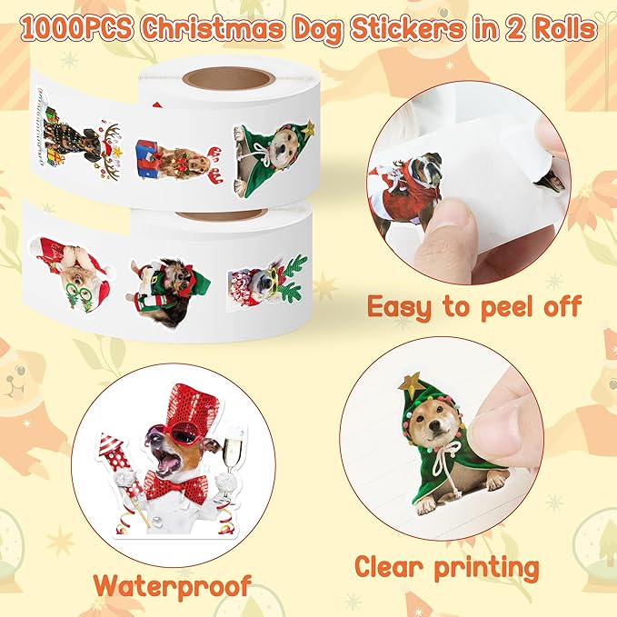 h1vojoxo christmas dog sticker rolls - 1000pcs holiday dog stickers for kids 16 designs christmas cute dogs realistic stickers funny xmas dogs sticker for envelopes craft