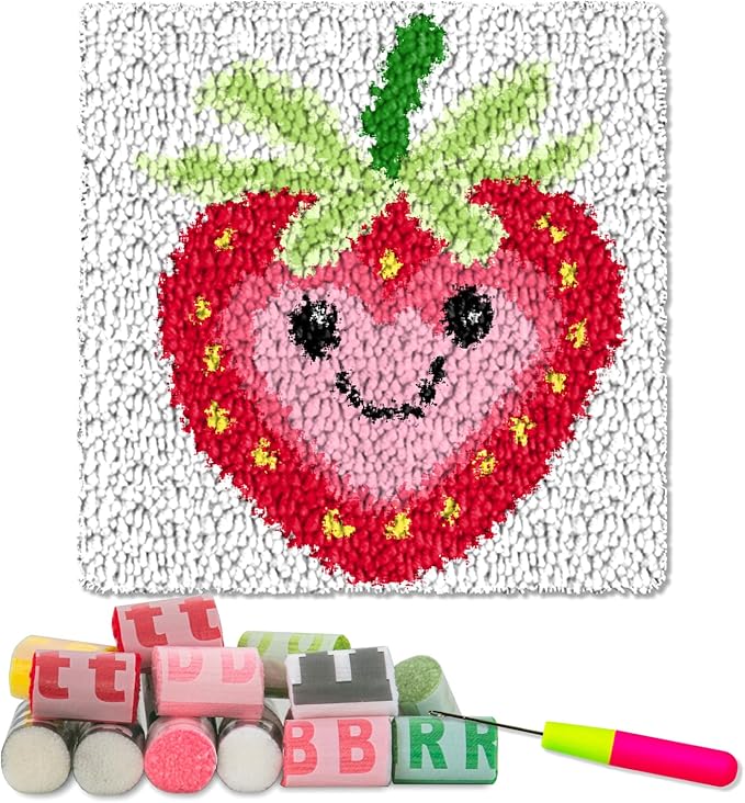 YP Strawberry Smiley Face Latch Hook Kit for DIY Craft Lovers - 12x12 Inch Crochet Rug Making Set, Fun & Creative Home Decor Needlework Project for Beginners