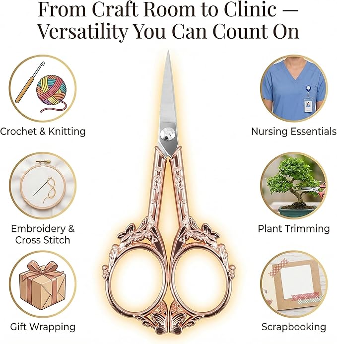 Crochet Scissors with Cover – Rose Gold Vintage Small Embroidery Scissors, Sharp Craft Scissors for Yarn Thread Sewing Needlework, Pretty Gift for Crocheter Quilter, 4.6 Inch