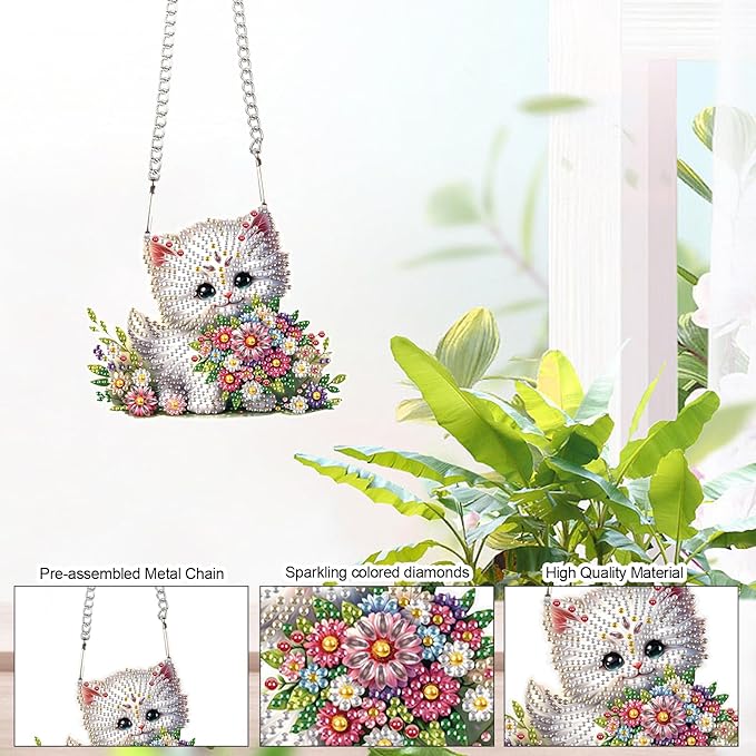 Tontut 5D DIY Diamond Art Painting Pendant kit, Flower cat Special-Shaped Hanging Crystal Window Pendant kit, Adult Gift Home Curtains, Yard Entrance Decoration