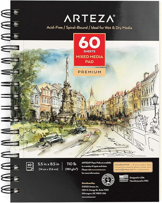 ARTEZA Mixed Media Sketchbook, 5.5 x 8.5 Inches, Pack of 1, 60 Sheets, Micro-Perforated Spiral-Bound Paper Pad for Wet and Dry Media