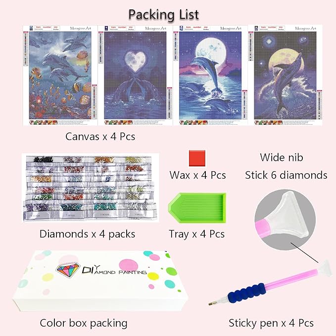 Muzagroo Art 4 Pack Diamond Paintings Kits for Adults 5D Diamond Art DIY with Round Full Drill Diamonds for Beginners Dolphins Diamond Wall Art for Living Room