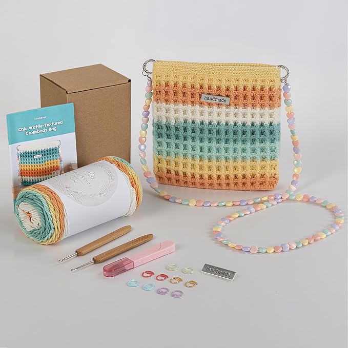 CrochEaze Crochet Kit for Beginners, Crochet Tote Bag Set with Step-by-Step Video Tutorials, Including Gradient Color Yarn, Crochet Hook, Heart-Shaped Bag Strap (Cyan)