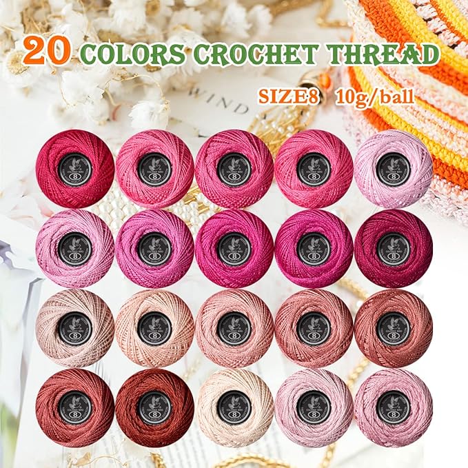 Soft 20 Colors Classic Crochet Thread 20 Pack,100% Cotton (Fuchsia-600-316)