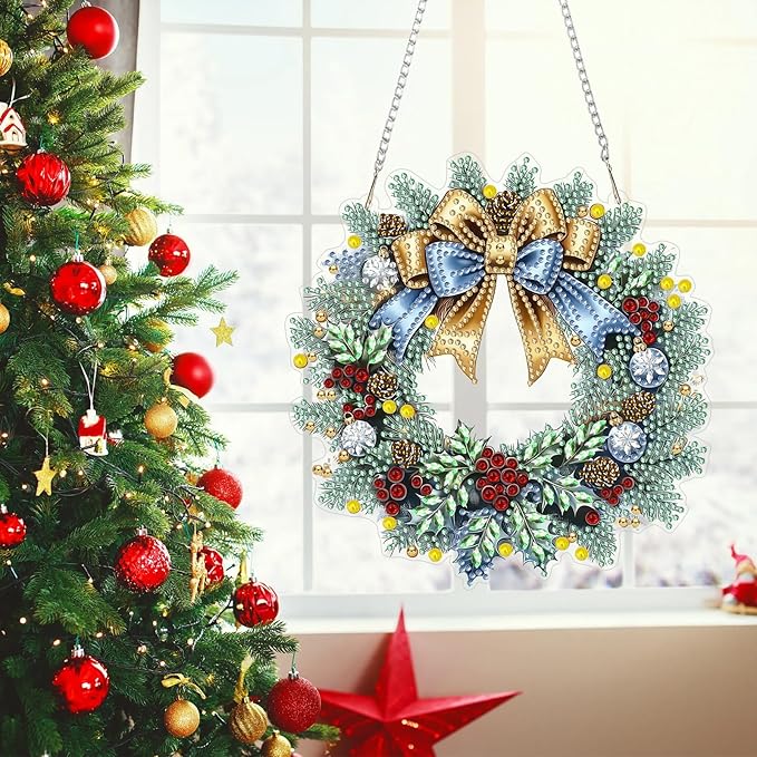 MEIYUDA Christmas Diamond Art Hanging Kits for Adult, Winter Wreath Diamond Painting Hanging Kits Ornaments, DIY Special Shaped Rhinestone Window Pendants kit for Home Garden Wall Decor Gift