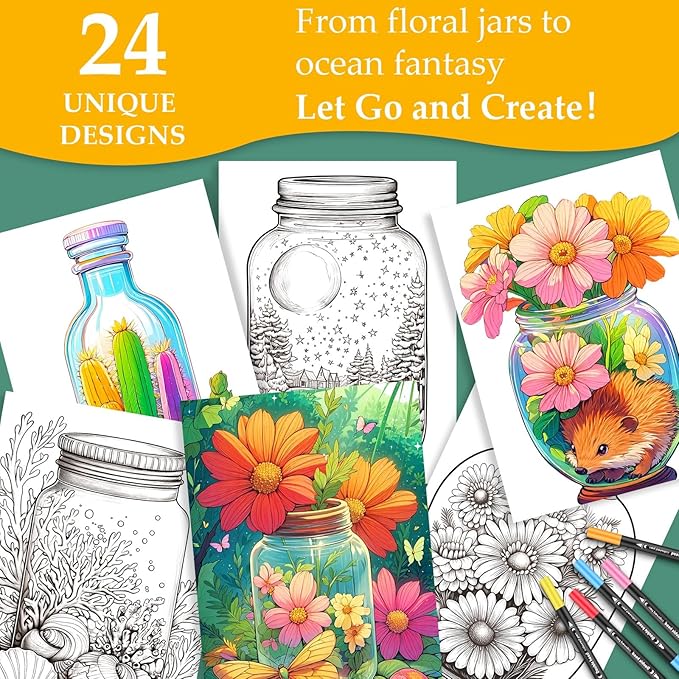 Coloring Book for Adults Relaxation, 24 Pages Adult Coloring Books for Women Stress Relief, Spiral Bound Coloring Books, Relaxing Gift for Women, Single-Sided Print Coloring Book of Joyful Jars