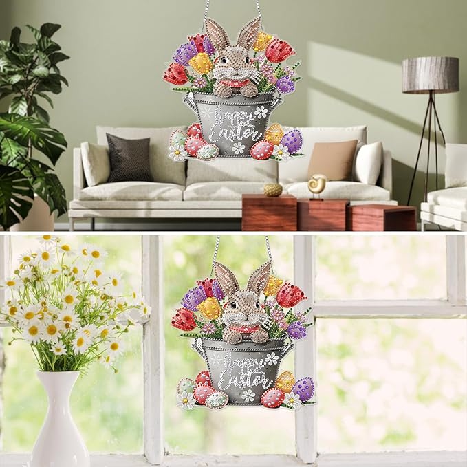 MXJSUA Diamond Art Hanging Kits for Adults Beginners, DIY Acrylic 5D Special Shaped Crystal Diamond Gem Art Painting Hanging Ornament for Home Wall Decor and Gift (Tulips Easter Bunny)