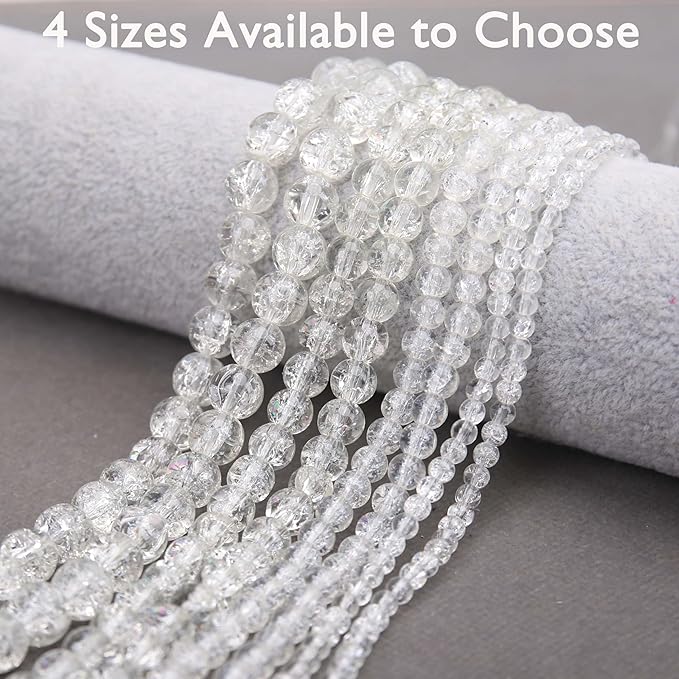 400PCs 4mm White Crackle Glass Beads Bulk, Round Smooth Hole Glass Crystal Beads for Jewelry Making, DIY Bracelets, Necklaces, Bag Charms, Keychains and Craft Projects
