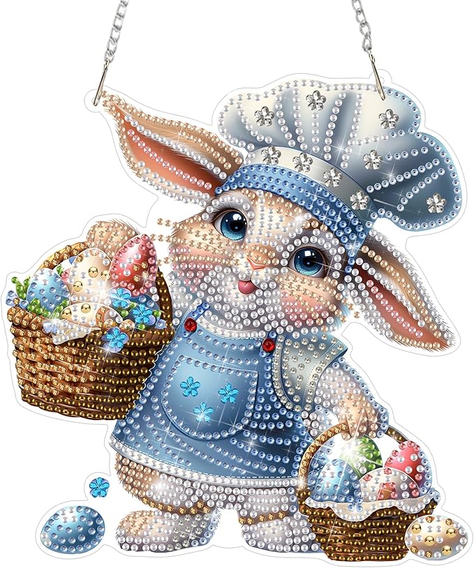 DOMROM Rabbit Diamond Art Hanging Kits for Adult, Easter Special Shaped Crystal Diamond Painting Rabbit Pendant, DIY Diamond Art Suncatchers Animal for Home Garden Wall Decor Gift