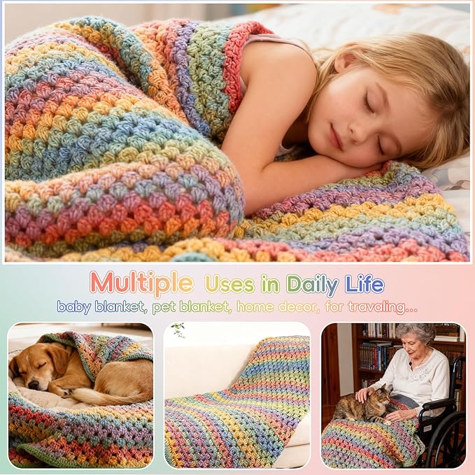 Aeelike Blanket Crochet Kit for Beginners, Super Easy Crochet Blanket Kit with Soft & Colorful Gradient Yarns Detailed Video Tutorials Crocheting Accessories, Rainbow Gradient & Ideal Gift