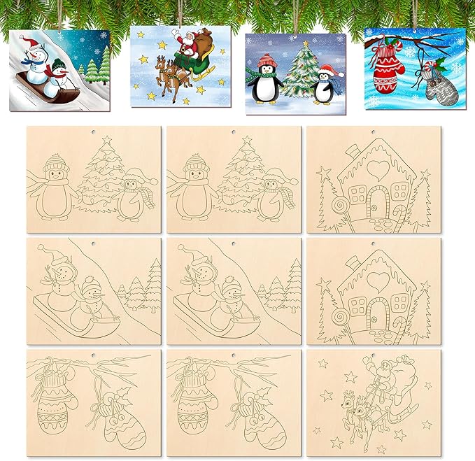 COCHIE 10 Pieces Large Christmas Unfinished Wood Crafts to Paint for Adults, Bulk Winter Predrilled Wooden Ornaments for Painting, Peppermint Candy House Paintable Wood Slices Craft Supplies