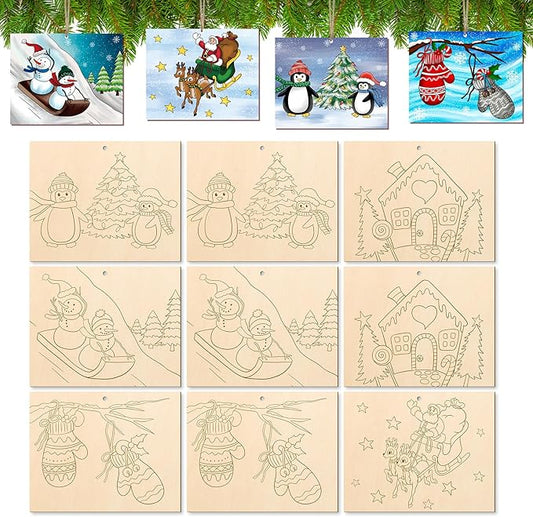 COCHIE 10 Pieces Large Christmas Unfinished Wood Crafts to Paint for Adults, Bulk Winter Predrilled Wooden Ornaments for Painting, Peppermint Candy House Paintable Wood Slices Craft Supplies
