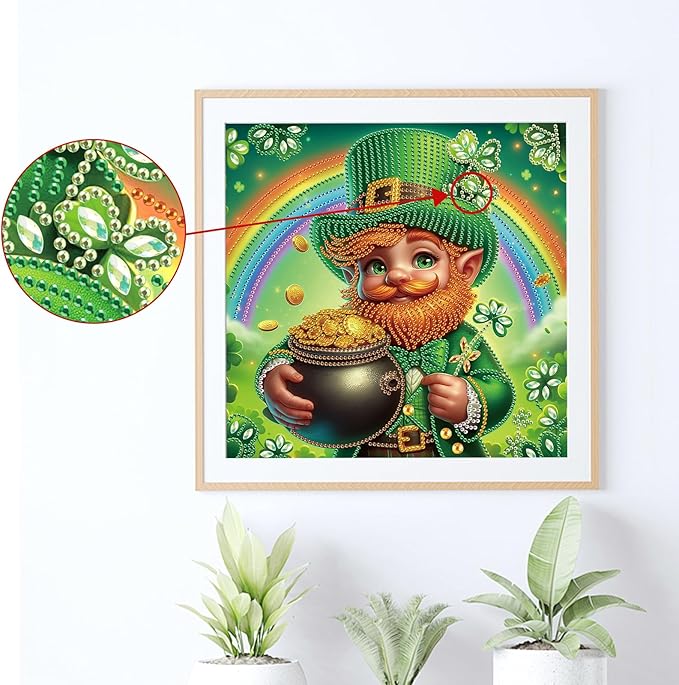 MVVMTOP Diamond Painting Kit St Patrick’s Day Dwarf and Rainbow Shamrock Lucky Coins Special Shaped 5D Partial Crystal Diamond Art DIY Wall Decor Gift