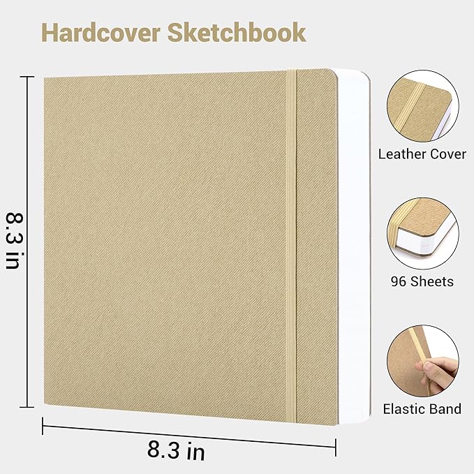Hardcover Sketchbook for Drawing, 8.3"X 8.3" Square Sketch Book with 120 GSM Thick Drawing Paper, 192 Pages/96 Sheets Sketch Pad for Adults and Kids, Art Journal for Beginners Artists, Brown