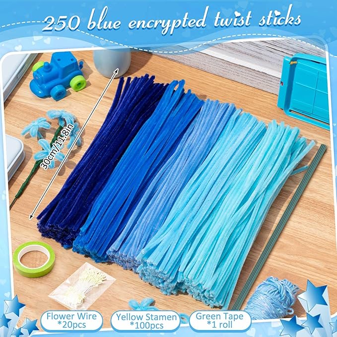 Peryiter 371 Pipe Cleaners Flowers Set, Mixed Colors Chenille Stems Bulk with Floral Wires, Gardening Tape, Stamen for DIY Flower Making Kit, Gift Idea for Mother's Day(Blue)