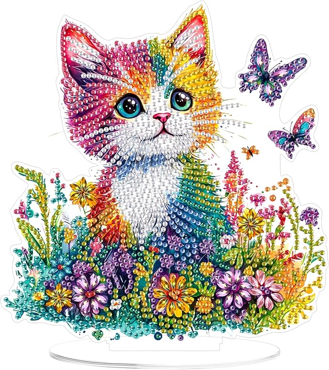 KEYIFA Diamond Painting Desktop Ornament, DIY Colorful Cat Diamond Art for Adults Beginner, Flower Gem Arts Table Decor Special Shaped Rhinestone Crafts Home Desk Decoration Gift, Double Sided