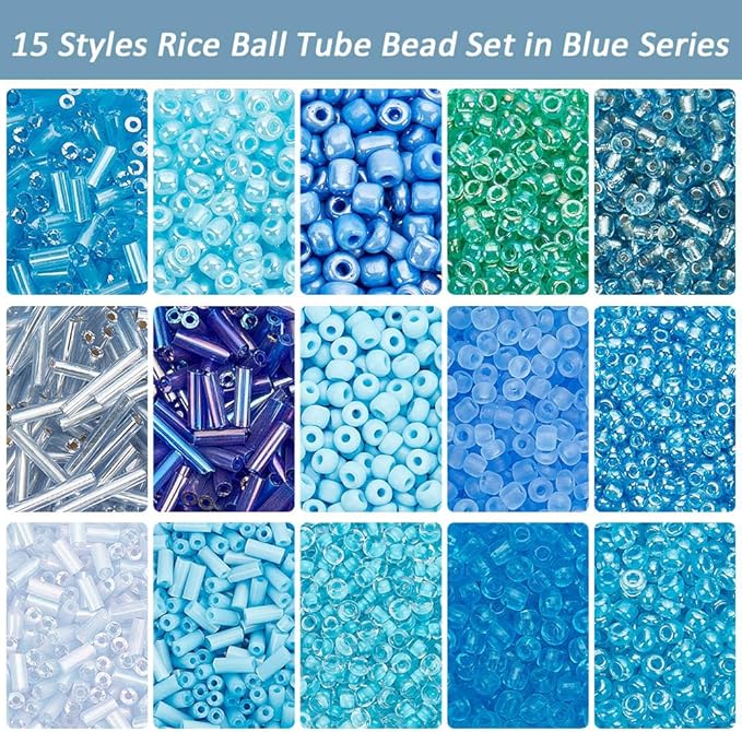 PH PandaHall 14 Colors 5944pcs Blue Series Seed Beads Kit 2~4mm 4052pcs Round Glass Beads 3~12x1.8~2mm 1892pcs Bugle Beads Tube Spacer Beads Loose Beads for Bracelet Necklace Jewelry Making