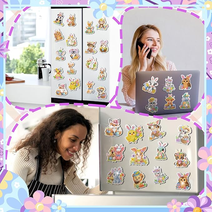 Xuhal 30 Pcs Easter Diamond Painting Magnets Easter Diamond Art Magnet Kits for Adults Bunny Flower Animal Refrigerator Magnetic Sticker Chicken 5D Rhinestone Fridge Sticker for DIY Crafts Fridge Gift