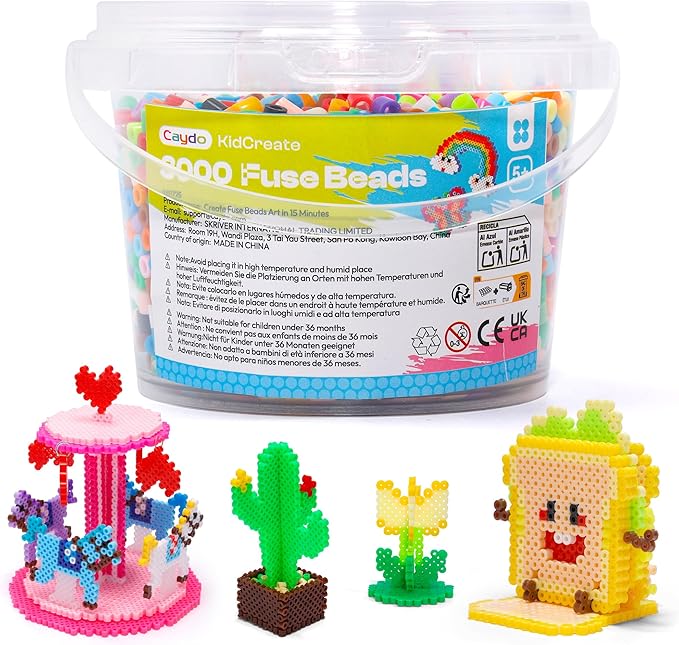 Caydo 3000PCS 5mm Fuse Beads, Mixed Colors Iron Beads for Kids Crafts, Bucket Packed for Storage, Melting Bead for 2D/3D Art Craft DIY Project Kids DlY Pixel Parent-Child Interaction Holiday Gifts