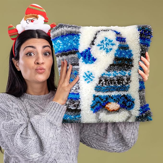 LAPATAIN Latch Hook Kits for DIY Throw Pillow Cover,Needlework Cushion Cover Hand Craft Crochet for Great Family 17X17inch Christmas Hat