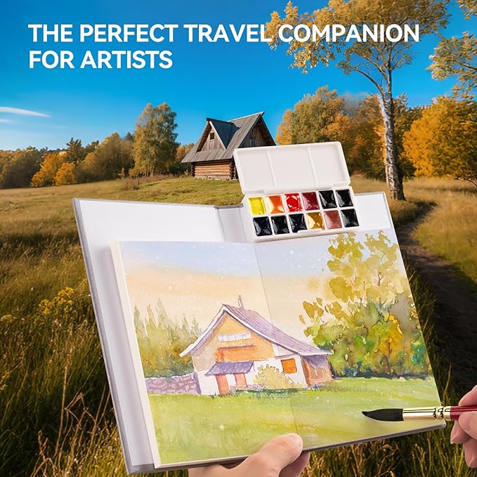 Paul Rubens Travel Watercolor Sketchbook, 24 Sheet 140lb/300gsm 100% Cotton Acid-Free Hot Press Watercolor Journal with Glitter Effect (5.31"x3.81"), with 12-Color Travel-Size Artist Grade Water color