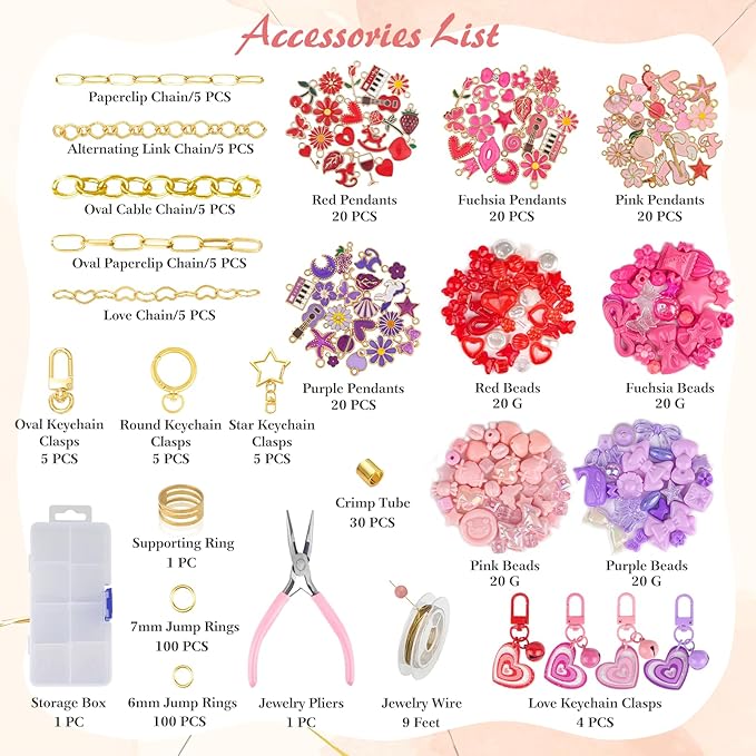 Ecoofor 458 Pcs Keychain Making Kit — Includes 19 Keychain Clips, 25 Extender Chains, 80 Charms, Beading Accessories, Jewelry Pliers — DIY Bag Charms & Jewelry Craft Kit Supplies