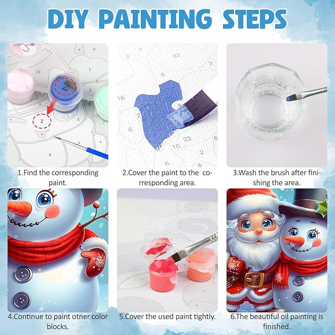 DOMROM 4 Pack Framed Paint by Numbers Snowman for Kids Beginners, Adult Paint by Number Kits Penguin on Canvas, Acrylic Number Painting Christmas Craft Kits for Gift Home Decor 8x8in