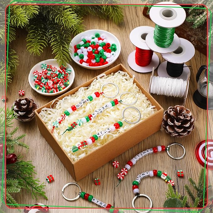 Landical 564 Pcs Christmas Bead Keychain Making Kit DIY Name Bead Key Chain Craft Xmas Bag Charm Letter Alphabet Candy Cane Santa for Xmas Gift Jewelry Key Ring Backpack Accessories(Sweet Color)