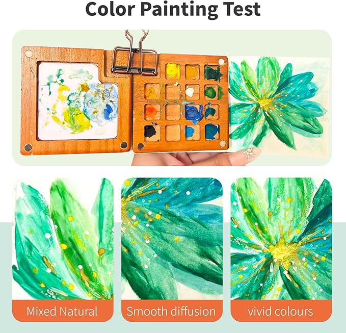Portable Mini Set - 24 Color Travel Watercolor Kit with Nano Palette, Wooden Grid Paint Box, Watercolor Pens & Binder Clips | Pocket Artist Painting Supplies for Adults, Artists, Students
