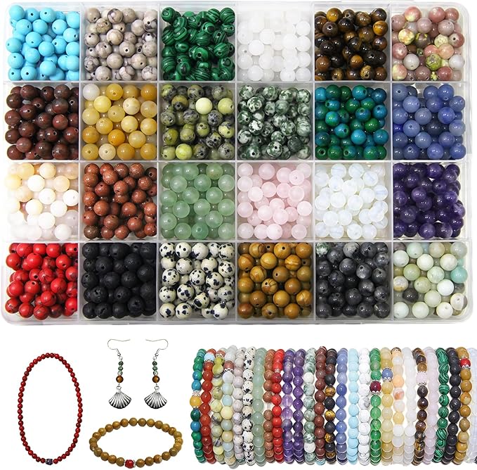 1200pcs 6mm Natural & Synthetic Round Stone Beads Gemstone Beading Loose Gemstone Hole Size 1mm DIY Smooth Beads for Bracelet Necklace Earrings Jewelry Making,Box Packed (24 Material-6mm)