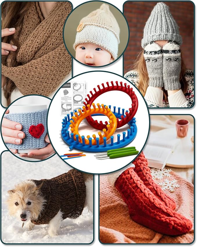 UCDRMA Loom Knitting Kit with Step-by-Step Instructions, Cost-Effective 3 Size Round Knitting Loom for Beginners, Easy & Quick Hat Knitting Loom Set/Scarf Loom Knitting Set with 3 Hooks & 6 Needles
