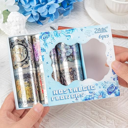 Nostalgic Flowers PET Vintage Floral Washi Tape Set, 6 Rolls Wide Decorative Craft Tape for Journaling Supplies, Scrapbooking, Bullet Journal, Junk Journal, DIY Crafts and Gift Wrapping