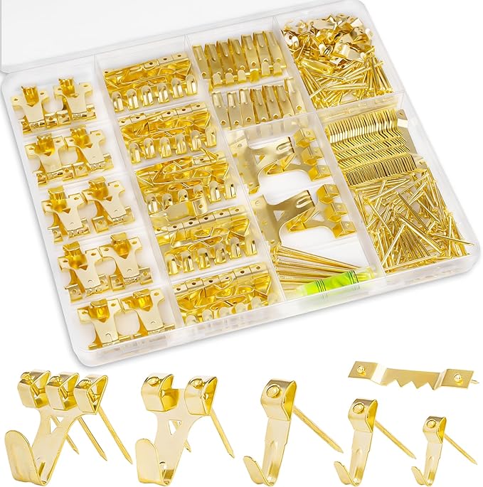 KURUI Picture Hangers, 385Pcs Picture Hanging Kit with Heavy Duty Picture Hanging Hooks, Sawtooth, Hardware Nails and Picture Hanging Tool, Wall Hangers for Frame, Painting, Art, Photo (Gold)