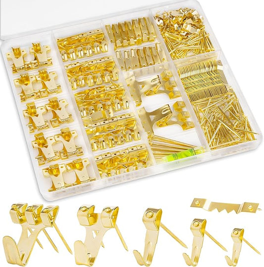 KURUI Picture Hangers, 385Pcs Picture Hanging Kit with Heavy Duty Picture Hanging Hooks, Sawtooth, Hardware Nails and Picture Hanging Tool, Wall Hangers for Frame, Painting, Art, Photo (Gold)