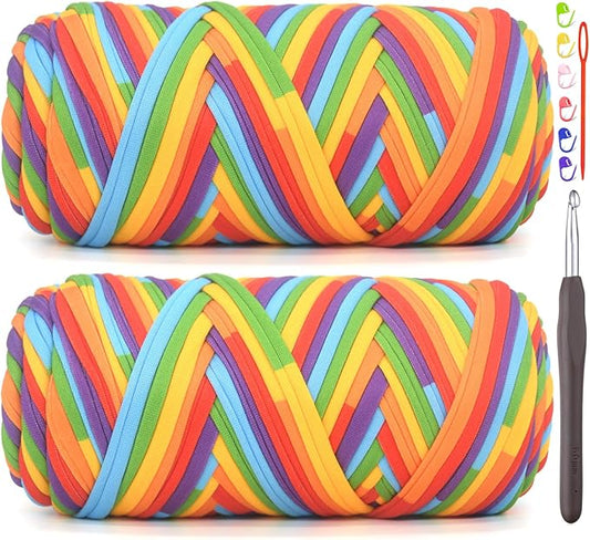 2 Pack Tshirt Yarn for Crocheting,Rainbow T Shirt Chunky Elastic Thick T-Shirt Crochet Yarn for Beginners Crocheting Hand Knitting Bag/Basket/Coasters/DIY Crafts/Home Decor 2 * 200G-Bright Rainbow