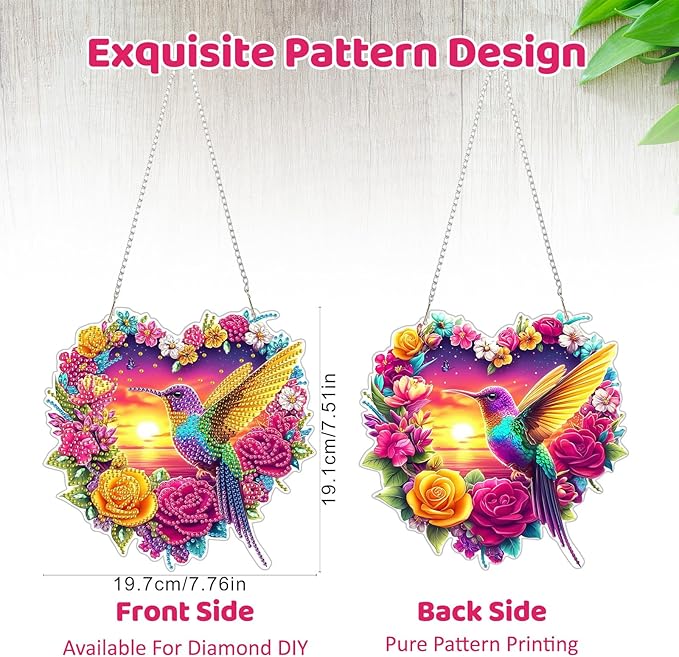 MEIYUDA Valentine's Day Diamond Art Hanging Kits for Adult, Flowers Hummingbird Diamond Painting Kits Ornaments, DIY Love Special Shaped Rhinestone Window Pendant kit for Home Garden Wall Decor Gift
