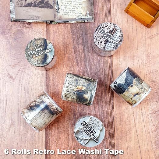 Retro Lace Washi Tape Set, 6 Rolls 1.57in x 78.74in Each - Irregular Edge, 14.96in Repeat Loop Prints, Self-Adhesive for Scrapbooks, Journals, Planners, Collage, Cards