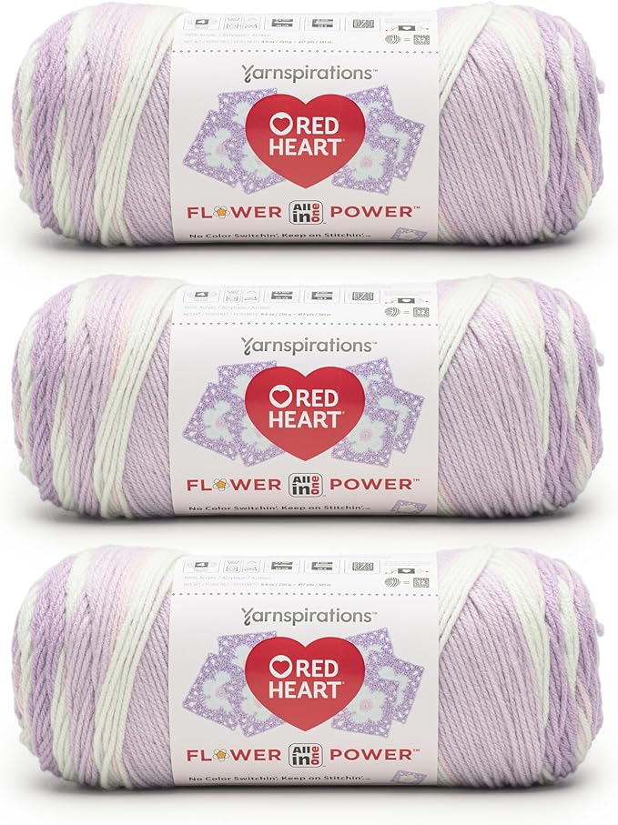 Red Heart All in ONE Flower Power Wisteria Yarn - 3 Pack of 8.8oz/250g - 100% Acrylic - #4 Worsted (Medium) - 440 Yards - Knitting/Crochet