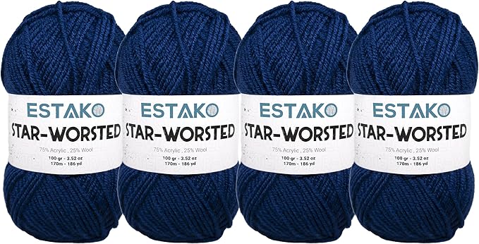 Estako Star-Worsted Yarn - (4 Skeins Pack) - 75% Acrylic 25% Wool - Soft Medium Weight #4 - (4 x 3.52 oz / 4 x 186 yds) - Crochet & Knitting Yarn (45095 - Navy)