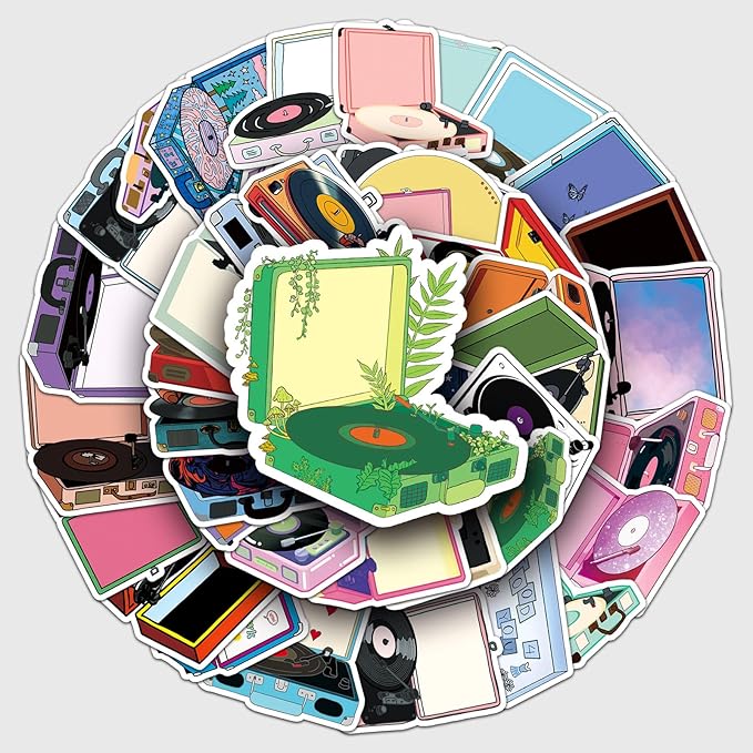 Retro Record Player Stickers for Scrapbooking,50 Pcs Vintage Vinyl Player Decals, Waterproof Vinyl Stickers for Journals, Laptops, Home Decor, Ideal for Music Lovers Adults(Record Player)