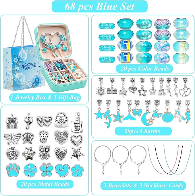 ONADEBY Charm Bracelet Making Kit - Blue DIY Jewelry Making Kit for Girls, Friendship Bracelet Kit with Portable Box Bag Packing for Birthday Christmas New Years Easter Valentine Craft Gifts