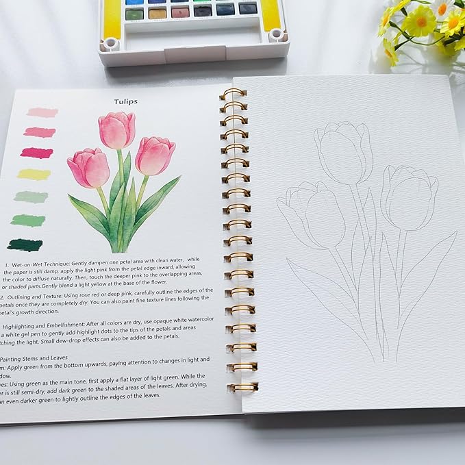 Watercolor Workbook15 Beautiful Flowers Paintings for Adults &Teens Beginners,Water Coloring Book 140lb Cold Press Cotton Watercolor Paper-Ideal Gifts to Spark Creativity Stress Relief(10.2" x 6.9")