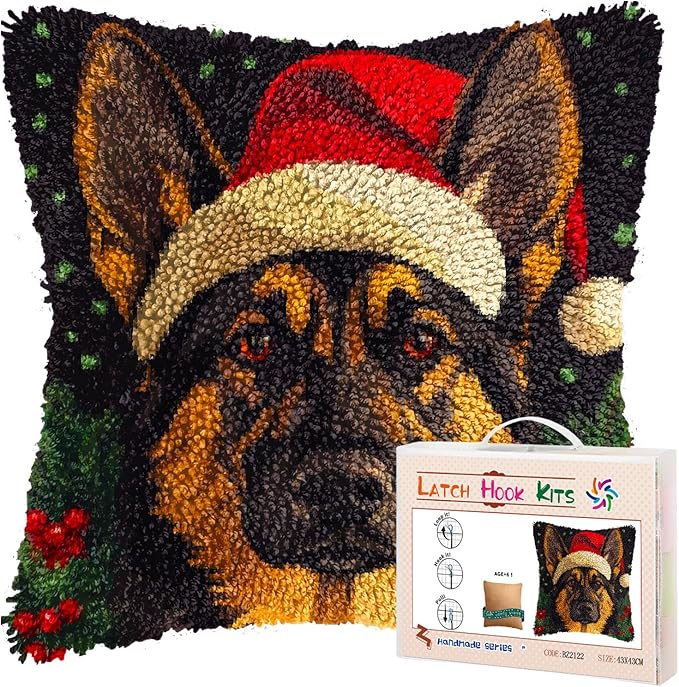 Latch Hook Pillow Kits for Adults Merry Christmas German Shepherd Dog DIY Pillow Cover Printed Pillowcase Crochet Yarns Hooking Handmade Cushion for Home Sofa Decoration 17x17inch(11)