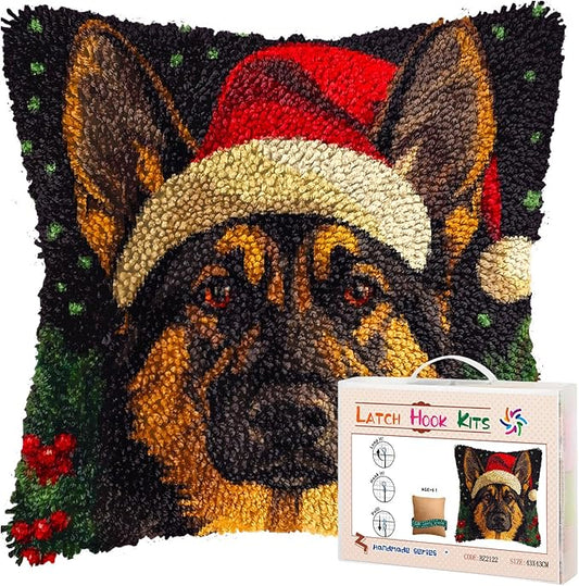 Latch Hook Pillow Kits for Adults Merry Christmas German Shepherd Dog DIY Pillow Cover Printed Pillowcase Crochet Yarns Hooking Handmade Cushion for Home Sofa Decoration 17x17inch(11)