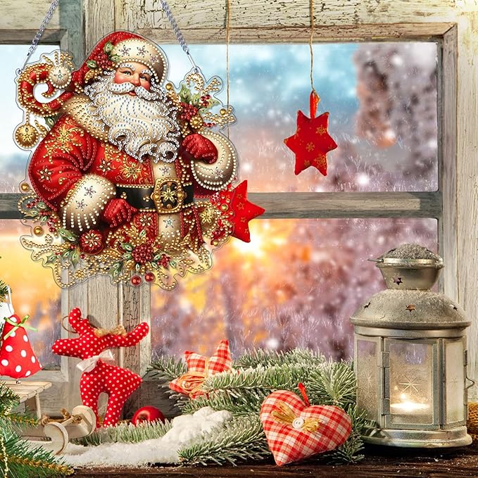 VODAPYC Christmas Diamond Art Hanging Kits for Adults, DIY Double Sided Special Shaped Diamonds Painting Window Pendant Ornament for Home Decor (Santa Claus-01)