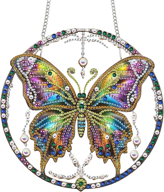 Bimkole Butterfly Diamond Art Hanging Kit for Adult, DIY 5D Animals Diamond Art Painting Window Pendant, Acrylic Crystal Art Hanging Ornament for Wall Home Garden Front Door Decor - 7.8x7.8 Inch